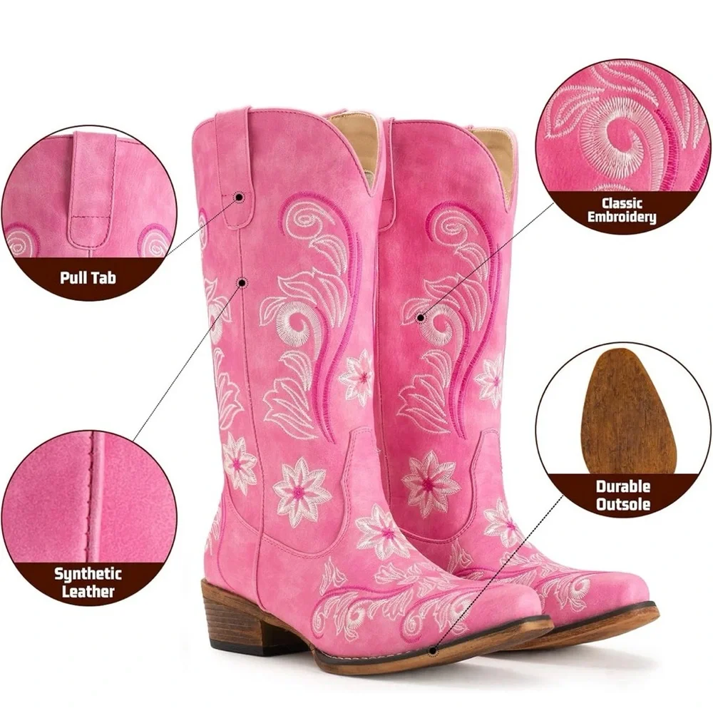 Pink Embroidered Vintage Inspiref knee High Western Boots